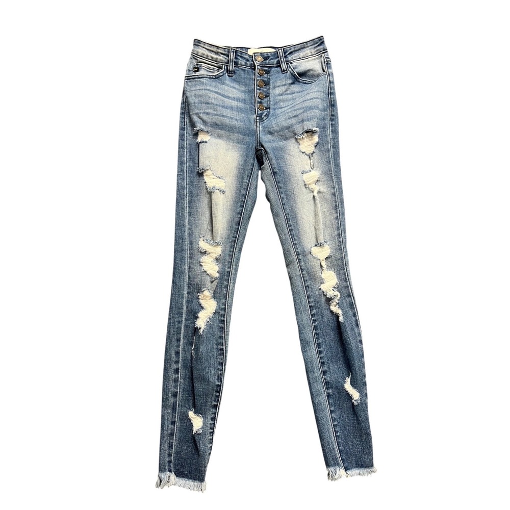 KanCan‎ High Rise Skinny Jeans Medium Wash Distressed Ripped Button Fly Raw Hem